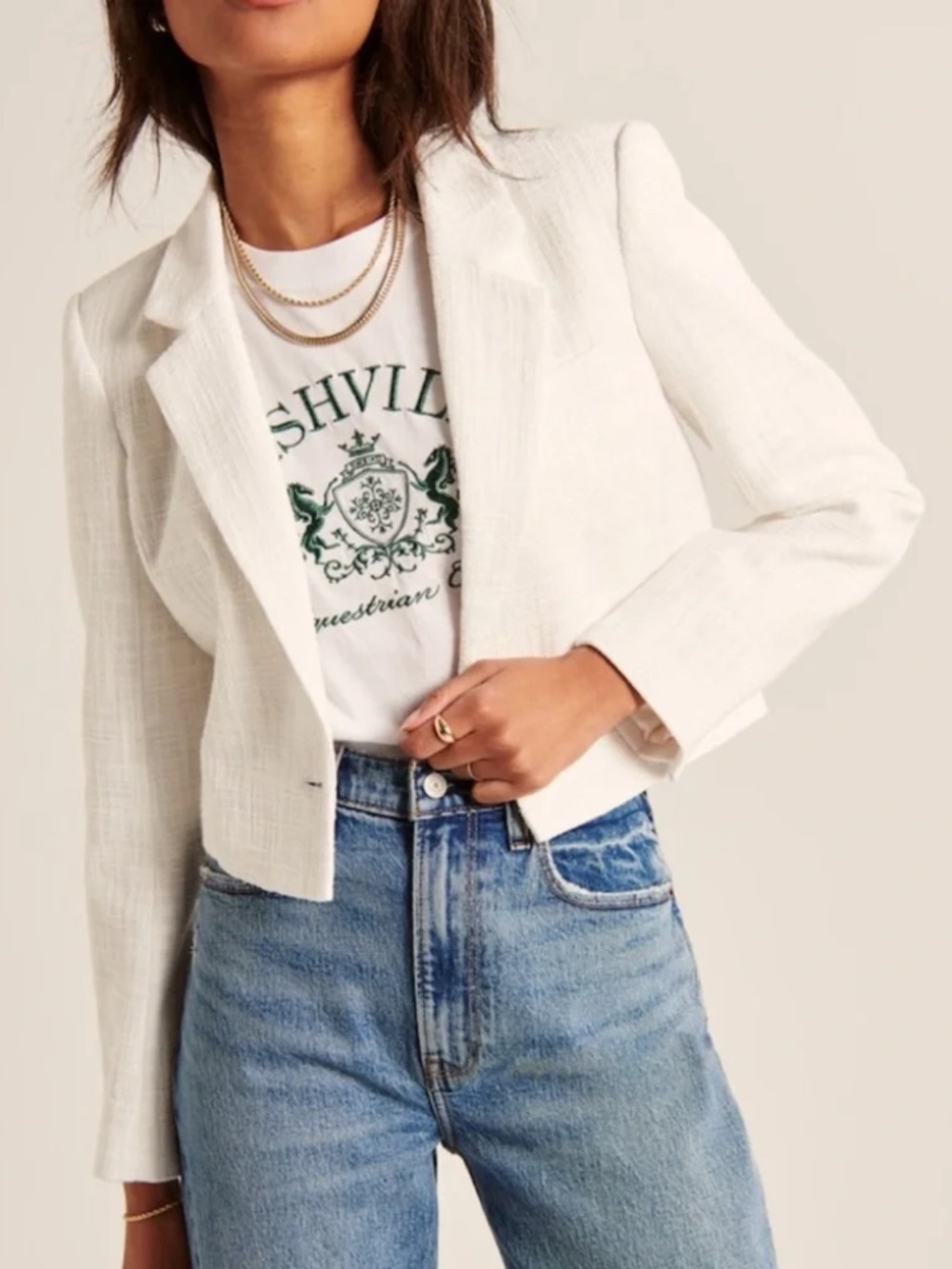 Abercrombie & Fitch Cropped Tweed Blazer - White | Size Small